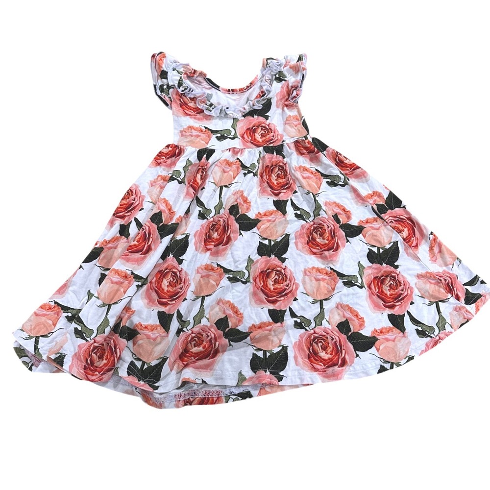 Bums & Roses Floral Ruffle Dress Toddler 2T Pink‎ White Twirl Bamboo Viscose - Picture 2 of 7